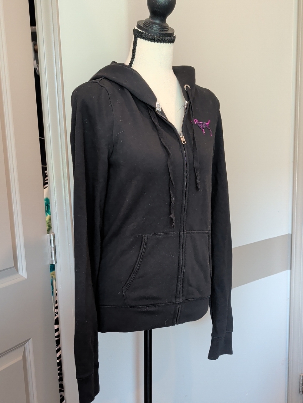 PINK Victoria's Secret Black Zip-Up Hoodie with Pink Dog Logo
